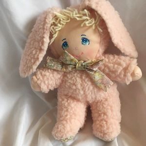 Little Darlin's Pink Bunny Cloth Doll Sewn Face Plush Stuffed Vintage 9 in